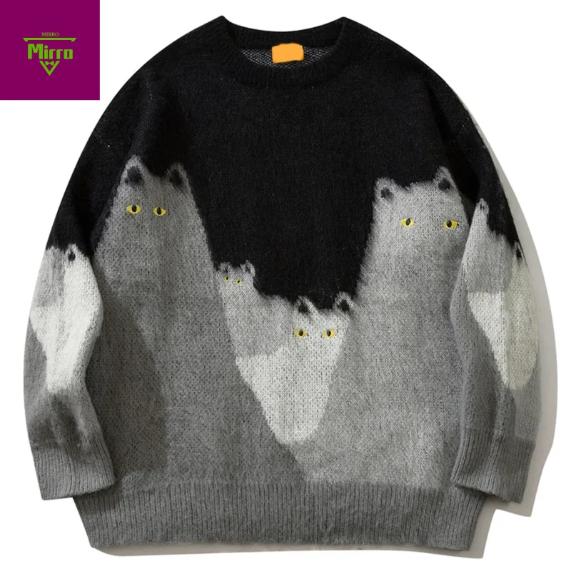 

【Mirrordust】Чоловічий вязаный свитер с рисунком кота, уличная одежда большого размера в стиле хип-хоп, пуловер с капюшоном, черные свободные повседневные свитера, джемпер