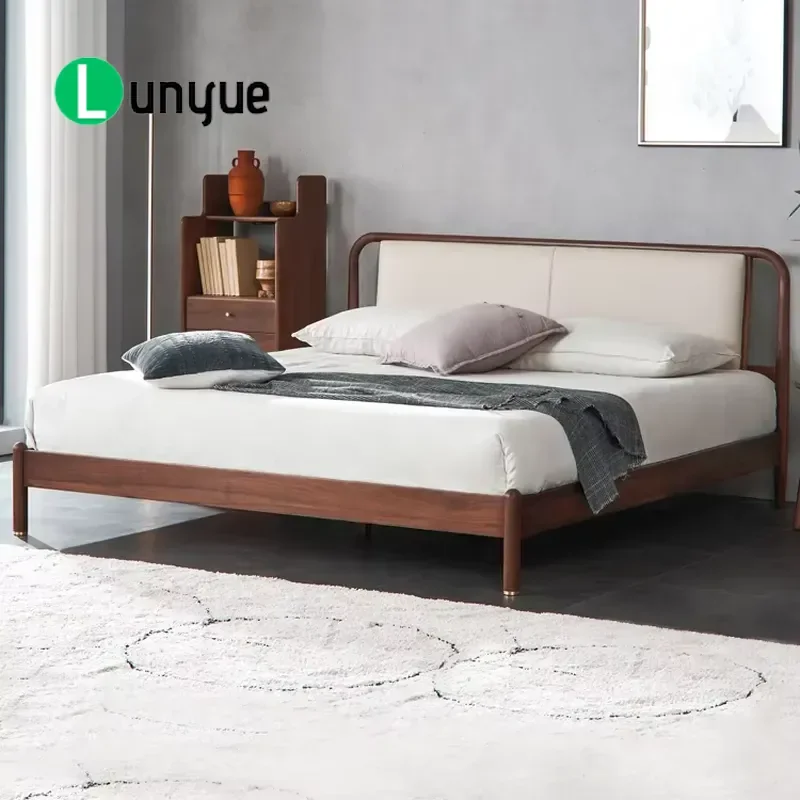Modern Solid Black Walnut Full Size Bed Frame Eco-Friendly Upholstered Headboard Bedroom Furniture