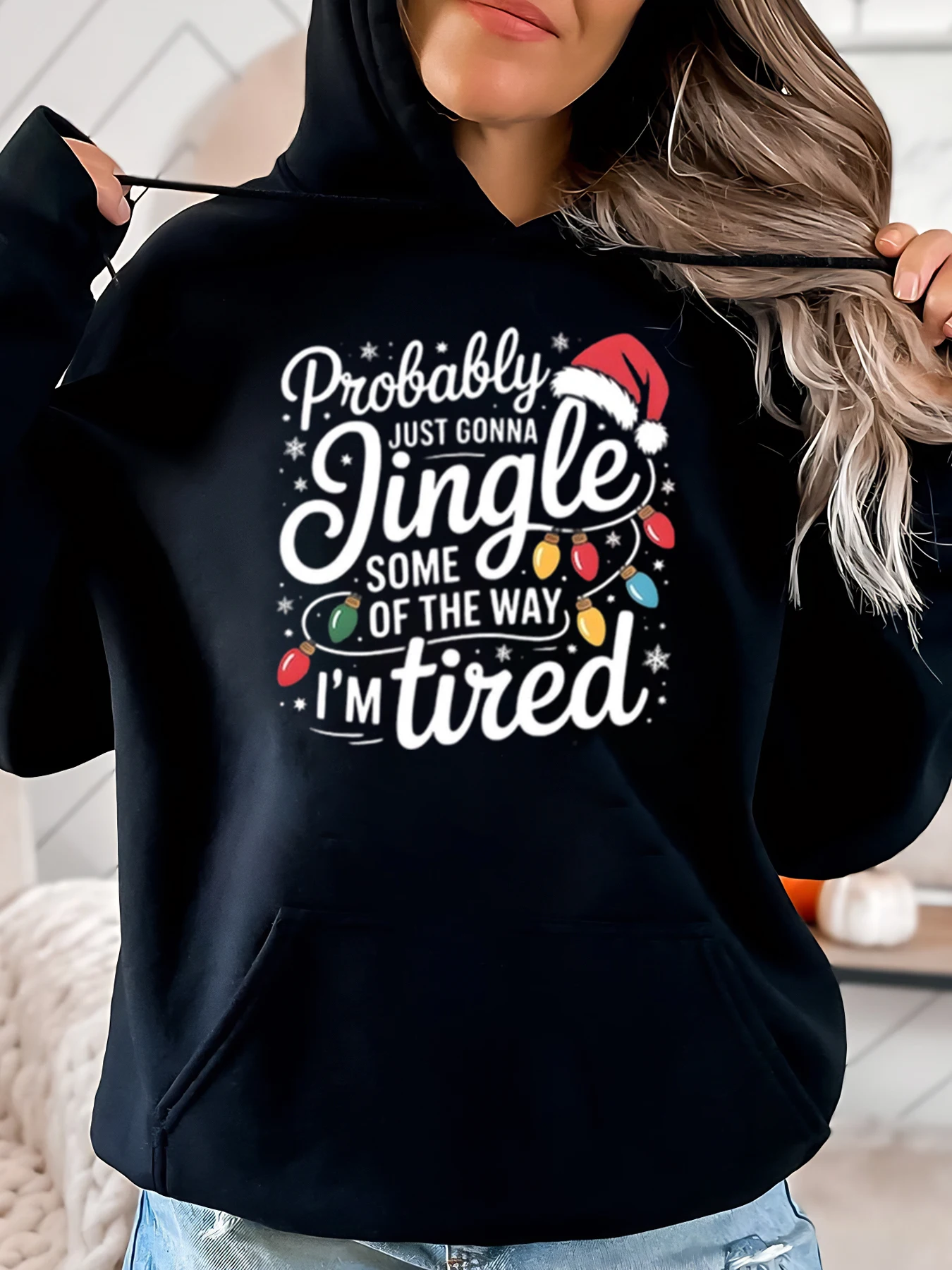 

Рождественская толстовка с принтом Jingle Lights, женская праздничная повседневная одежда, черная, больших размеров