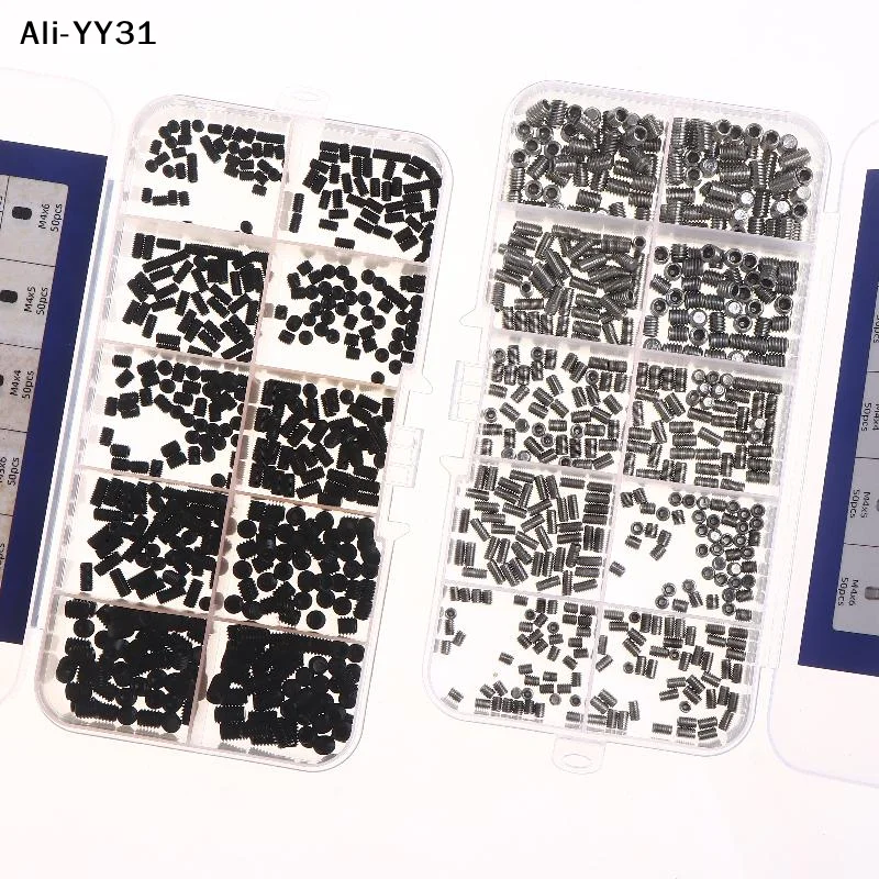 【C31】【A73】500 Stück M2.5 M3 M4 DIN913 304 Edelstahl Schwarz Sechskant-Innensechskantschrauben-Set mit Flachkopf, Schraubensatz in Box