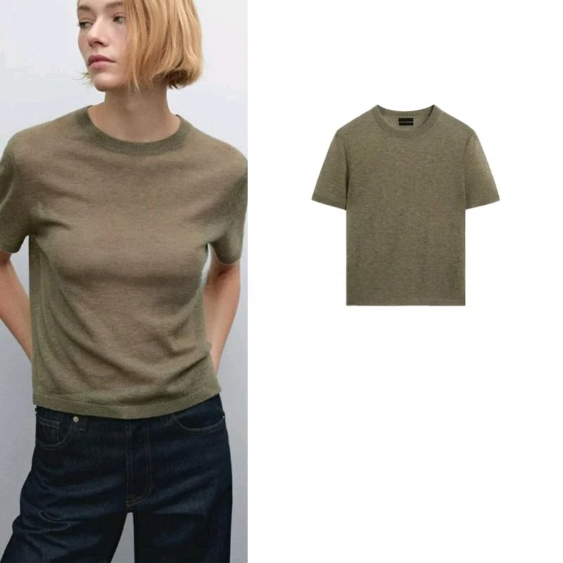 Lightweight Soft Wool Blend round Ne ort Sve T-irt Women's Casual Sle Spring New Arrival 562067 Commute Sle Sli...