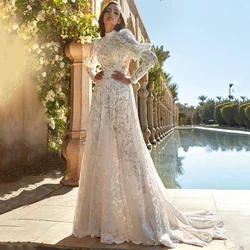 Customized Romantic Wedding Dresses for Women Long Sleeve High Lace Sexy Backless A-line Bride Gown Tulle Skirt فستان حفلات الزف