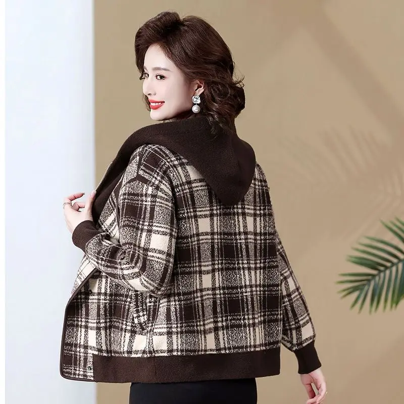 Middle-Aged And Elderly Mother Hooded Casual Fake Two Double-Sided Woolen Coat Female New Autumn And Winter Large Sze Thick Coat