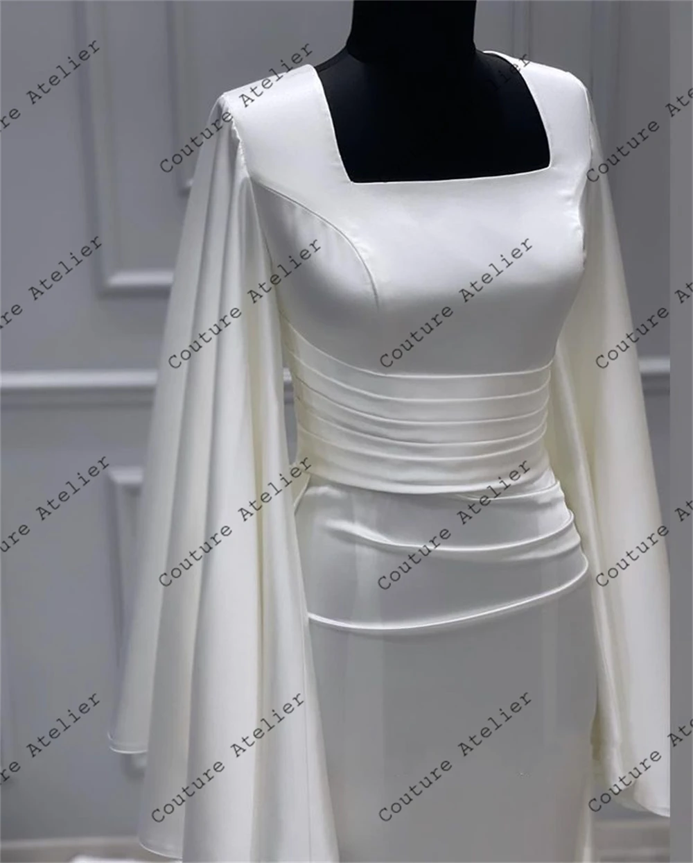 Gorgeous White Suqare Neck Cape Long Sleeve Muslim Evening Dresses With Train Arabic Wedding Dress Party Evening Elegant Luxury