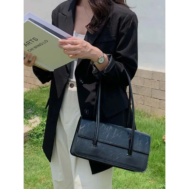 Design Large Capaci Oil Wax Leather Single Shoulder Commuter Tote Bag Casual Pure Color Square Shape