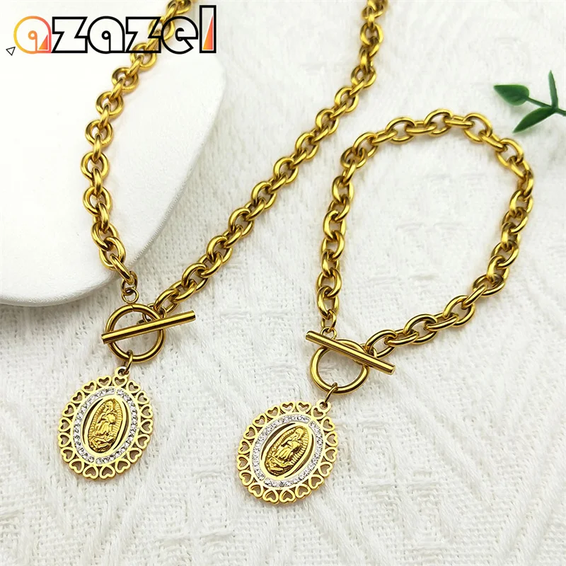 Heart Virgin Mary Our Lady of Guadalupe Necklace Bracelet Set Women Men Stainless Steel Religious Chain Jewelry