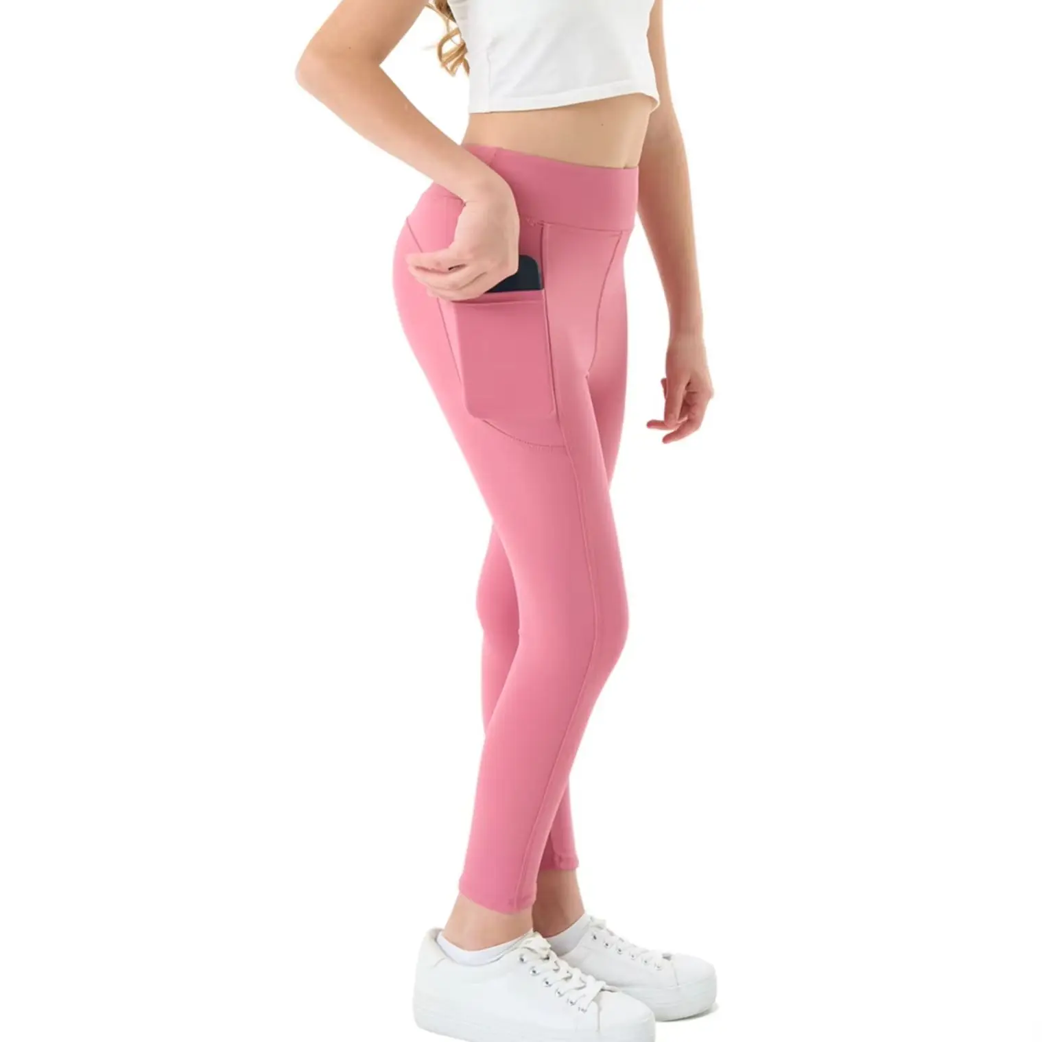 Girls High Waist Yoga Leggings with Side Pockets, Stretchy Kids Athletic Workout Pants for Dance Running Gymnastics