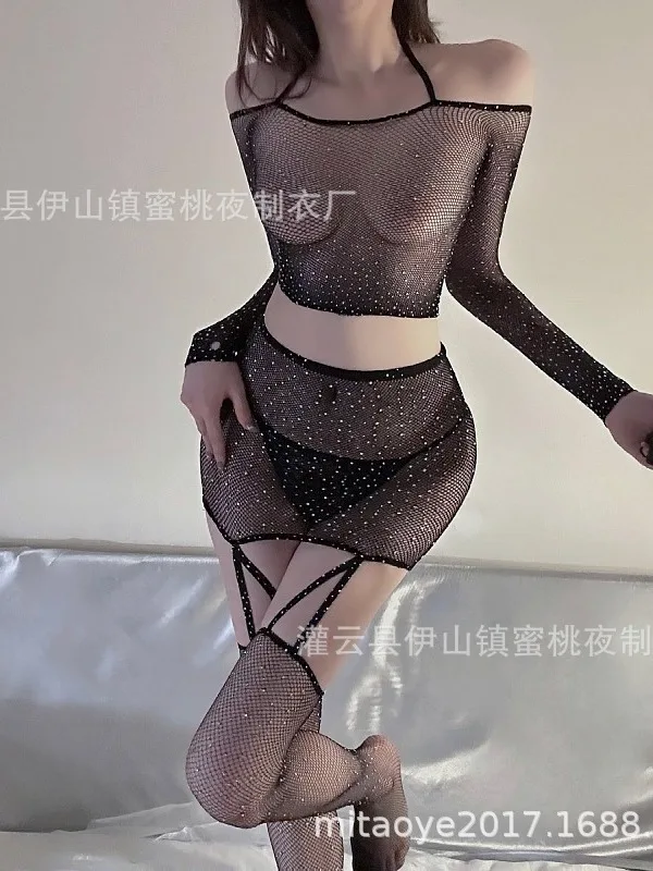 

Lingerie Sexy Fun New Dot Diamond Full Sky Star Long Sleeve Hanging Neck Top Short Skirt Hollow Mesh Diamond Uniform Set XFQV