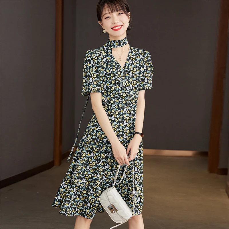 

2023 summer new fashionable floral French retro skirt high sense thin chiffon dress