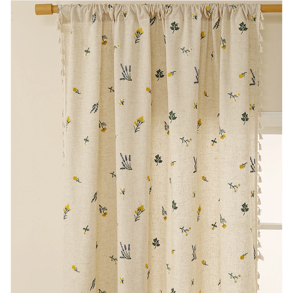 

Lavender Embroider Cotton Linen Curtains Road Pocket Tassel for Kitchen Bedroom Living Room Bay Window Cabinet Curtain