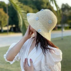 Chapeau de soleil d'été en paille pour femmes, casquette anderpliable, chapeau de soleil UV, chapeau de pêche à fleurs Boho, chapeau de plage de vacances, E27