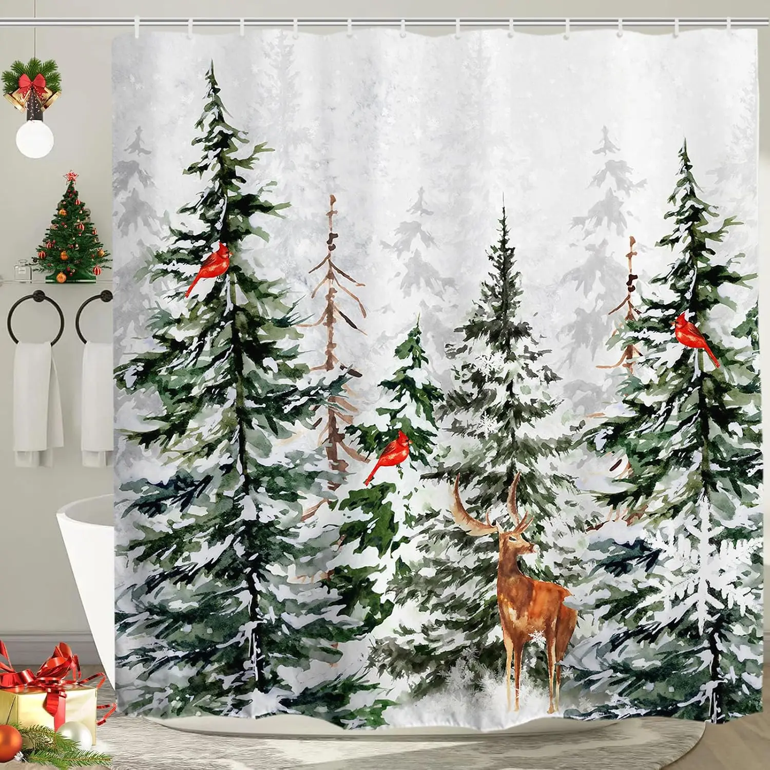 Baccessor Christmas Winter Shower Curtain Snowy Forest Pine Tree Cardinal Deer Snowflake Shower Curtain 72x72 Inch Xmas Holiday Bathroom Bath Rustic Farmhouse Decor Waterproof with Hooks