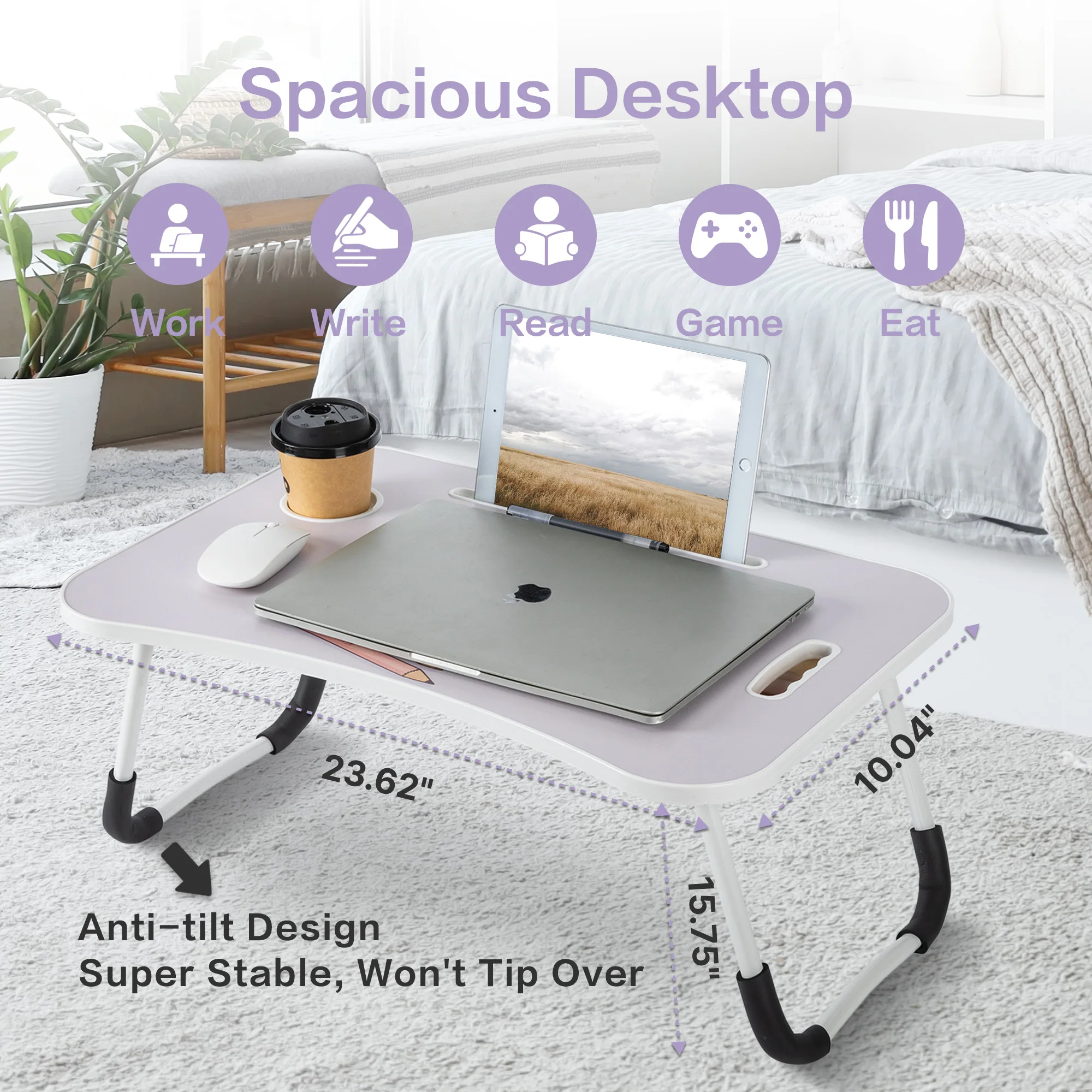 مكتب ديلي قابل للطي مقاس 23.6 بوصة مع حامل أكواب ودرج وفتحة للكمبيوتر اللوحي وصينية محمولة للسرير والأريكة #3