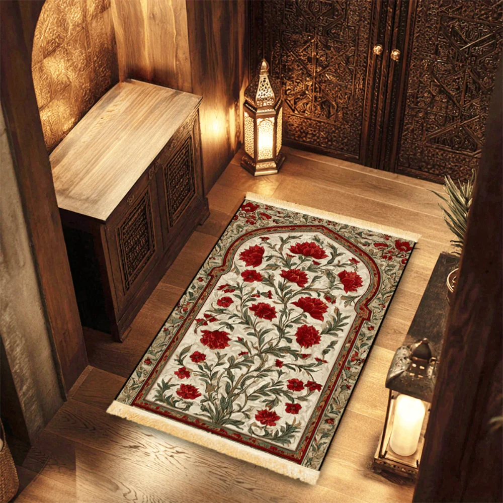 VIKAMA Muslim Prayer Mat Washable Foldable Travel Islamic Rug Red Romantic Floral Print Halal Design Portable for Eid Prayer