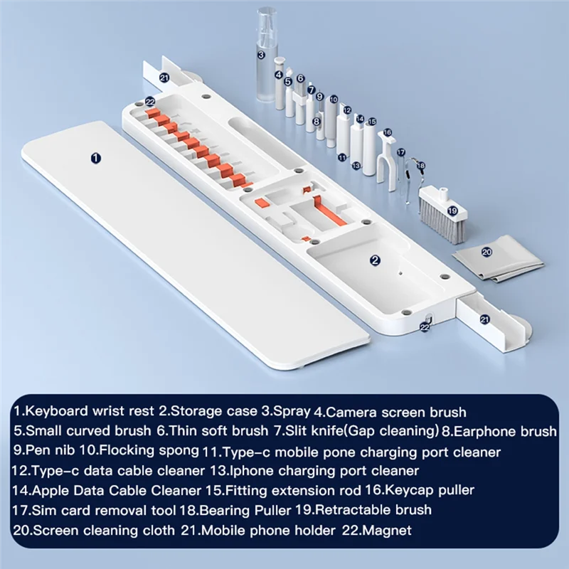 T24C 22-In-1 Set Pembersih Bantalan Keyboard Komputer, Set Alat Pembersih Multifungsi untuk Bantalan Pembersih Keyboard Notebook