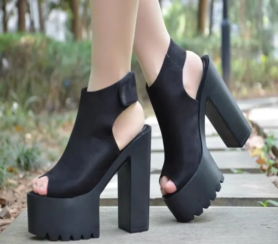 Sandali con tacco grosso da donna da 14cm con piattaforma impermeabile e Design con cinturino a T per discoteca per sandali con tacco alto per