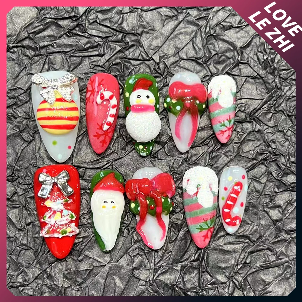 

Handmade Cute Christmas Short Press On Nails Snowflake Santa Claus Snowman Moose Design Reusable Cartoon Fake Nails Holiday Gift