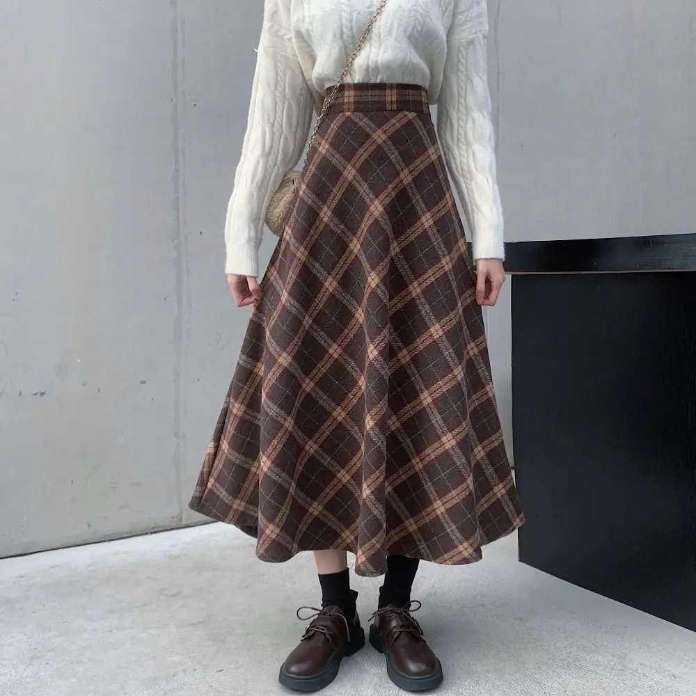Ins-Style, hochtaillierter, kariertes Retro-Rock, Winter, Herbst, schmal geschnitten, langer Rock mit hoher Taille, ästhetisches, klassisches A-Linien-Halbkleid, Herbst – Detail 12