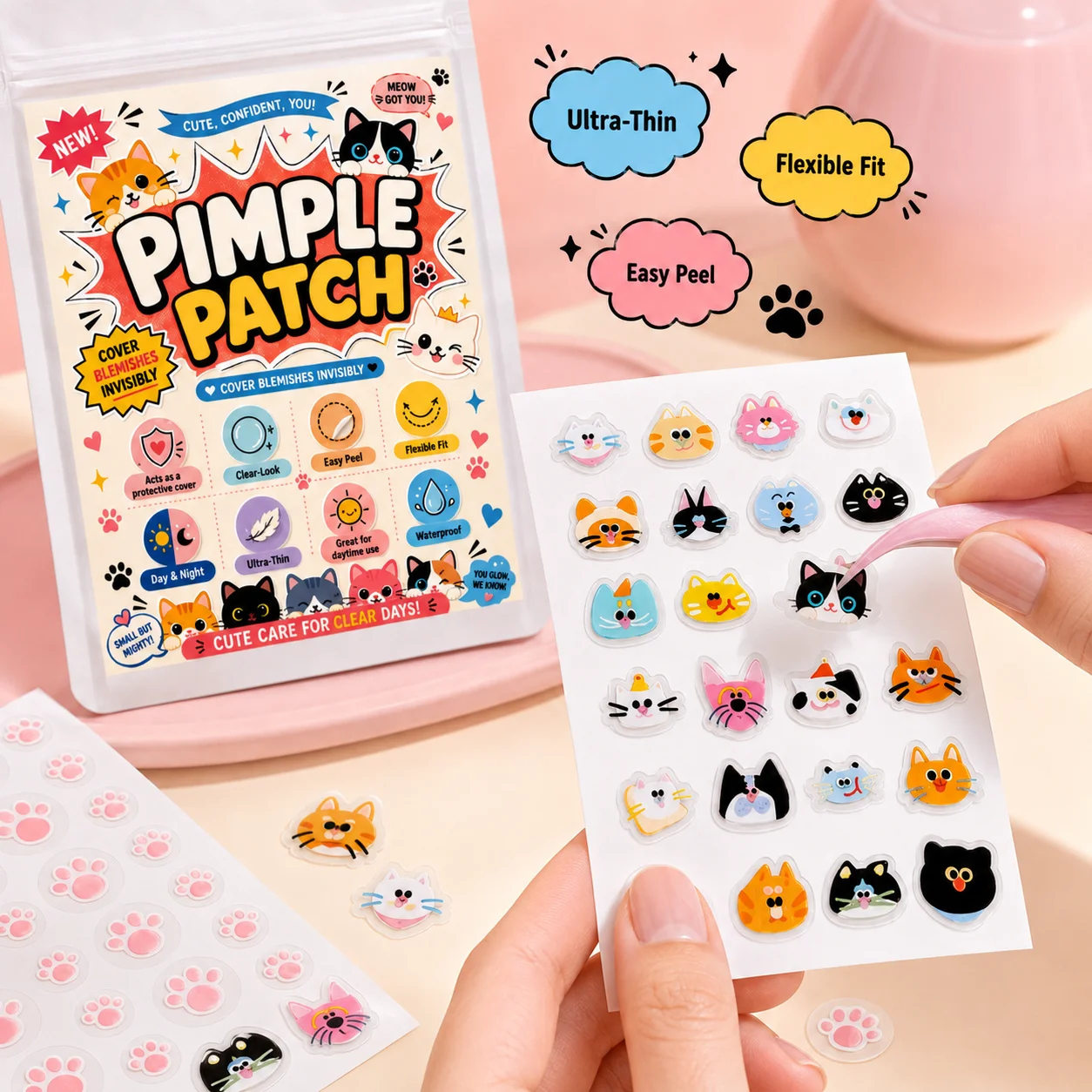 60/120/180pcs Cat & Paw Pimple Patches, Cute Printed Designs, Ultra-Thin, Breathable, Skin-Friendly for Day & Night Wear