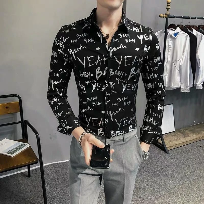 

Весенняя модная мужская рубашка с длинным рукавом в корейском стиле, популярный стильный принт, облегающий повседневный топ для мужчин