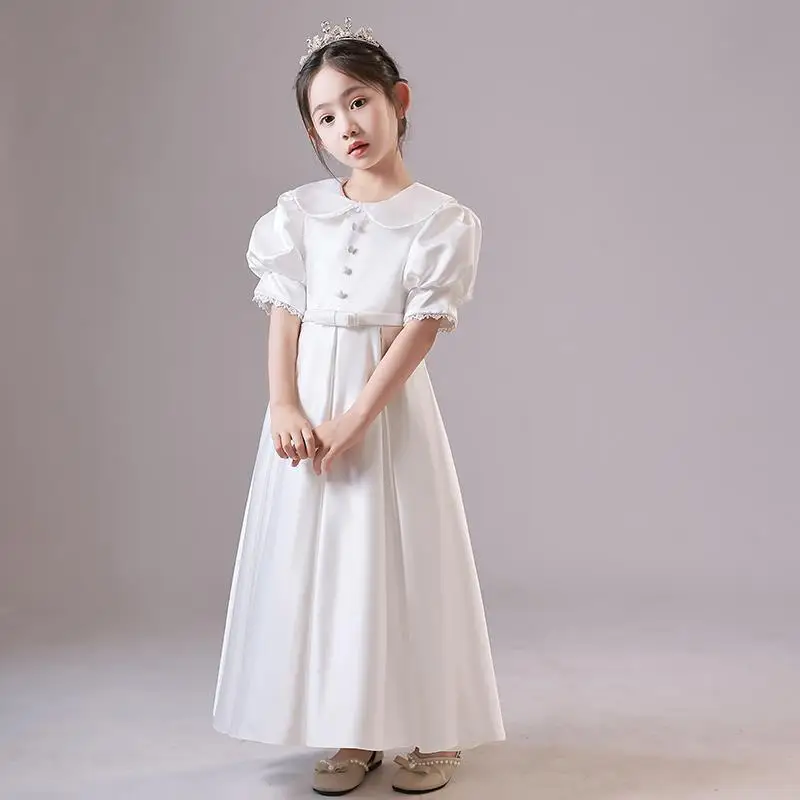 Girls White Satin Evening Dress Princess Wedding Dresses Party Kids Costume Ball Gown Prom Children Clothing