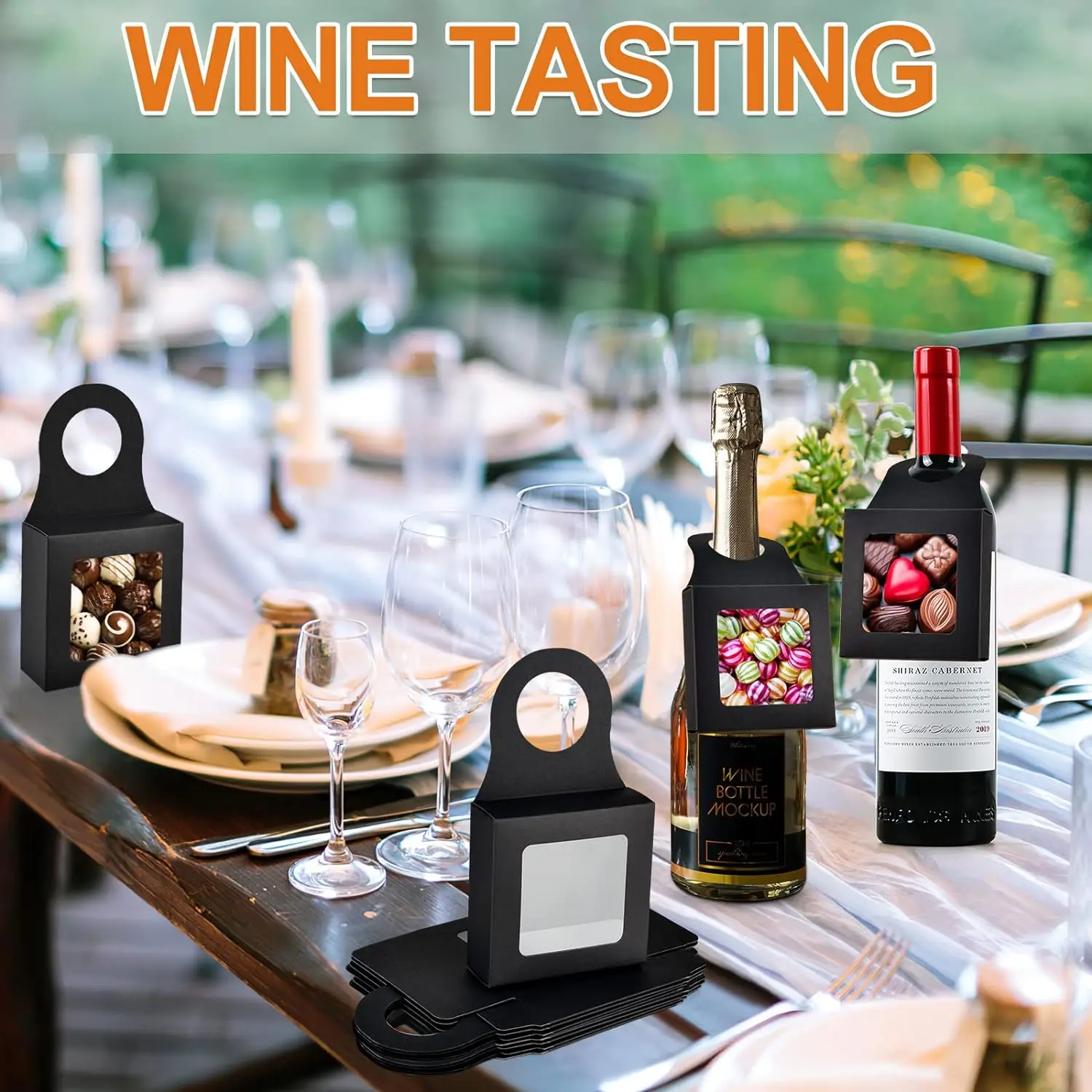 10Pcs Paper Wine Bottle Box with Window Hanging Foldable Wine Boxes for Holding Candy Truffles Chocolate Cookies Party Favors