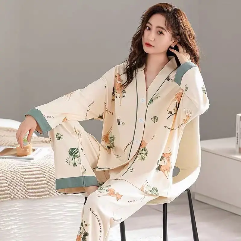 Women's Pajama Set Long Sleeve Full Length Pants Deer Leaf Print Lapel Cozy Soft Loungewear Sleepwear Pyjamas Nightwear Homewear