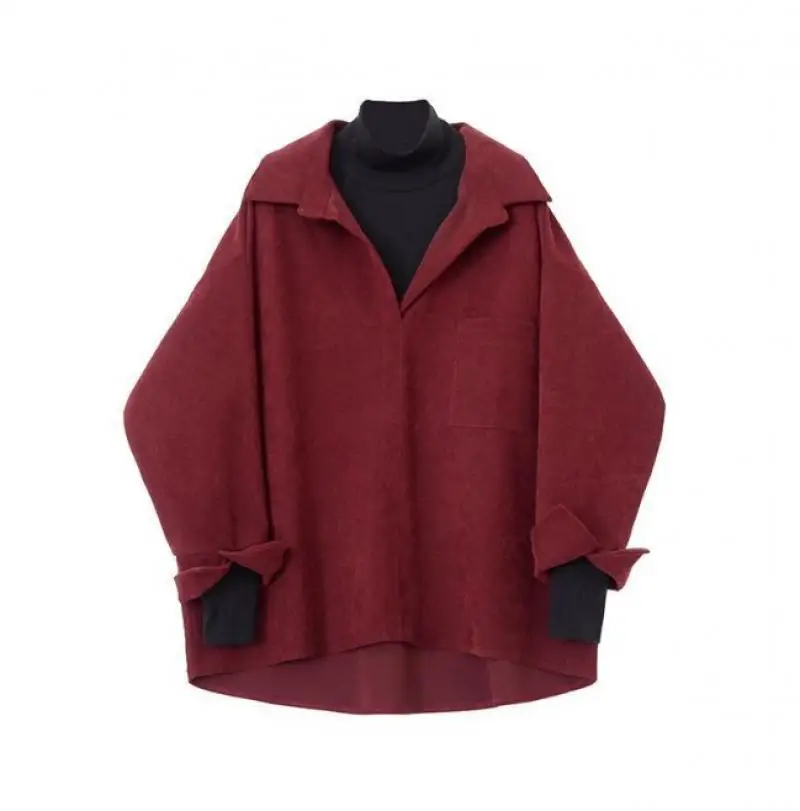 Autumn and Winter Season Corduroy Retro Red Shirt Female Niche Fake Two Shirts