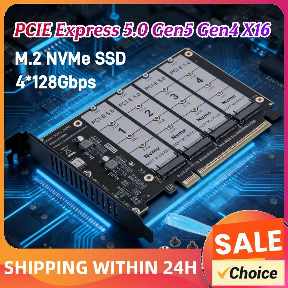 

PCIE Express 5.0 Gen5 Gen4 X16 Adapter Bifurcation Card To 4X NVME M.2 NGFF SSD Expansion Card Hard Drive Converter 4x128Gbps