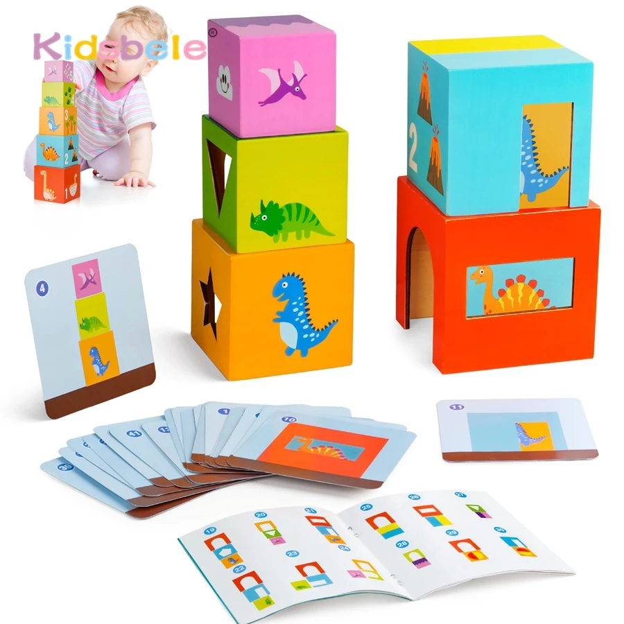 5 pièces boîtes en bois tour empilable enfant Montesorri couleur forme reconnaissance jouet cartes Flash correspondant cadeau apprentissage précoce jouet sensoriel