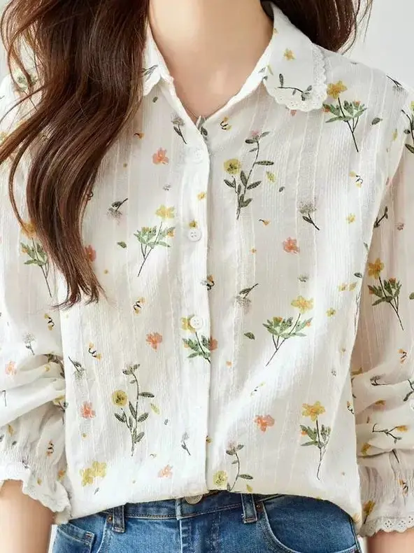 

Printed White Shirt For Women's Spring And Summer New Style Lace Lace Lapel Temperament Long Sleeved Shirt