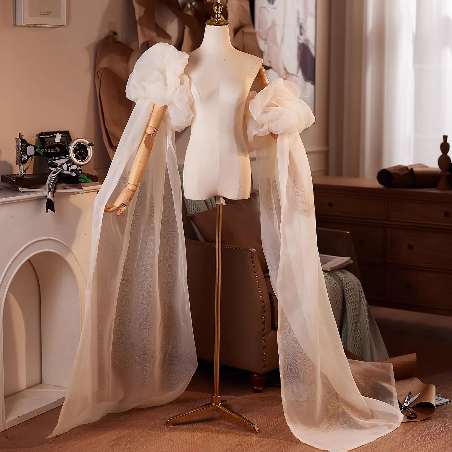 

Women's Spring Summer Champagne Mesh Pashmina Female Performance Party Show Cosplay Shawl Cloak Collar R3301