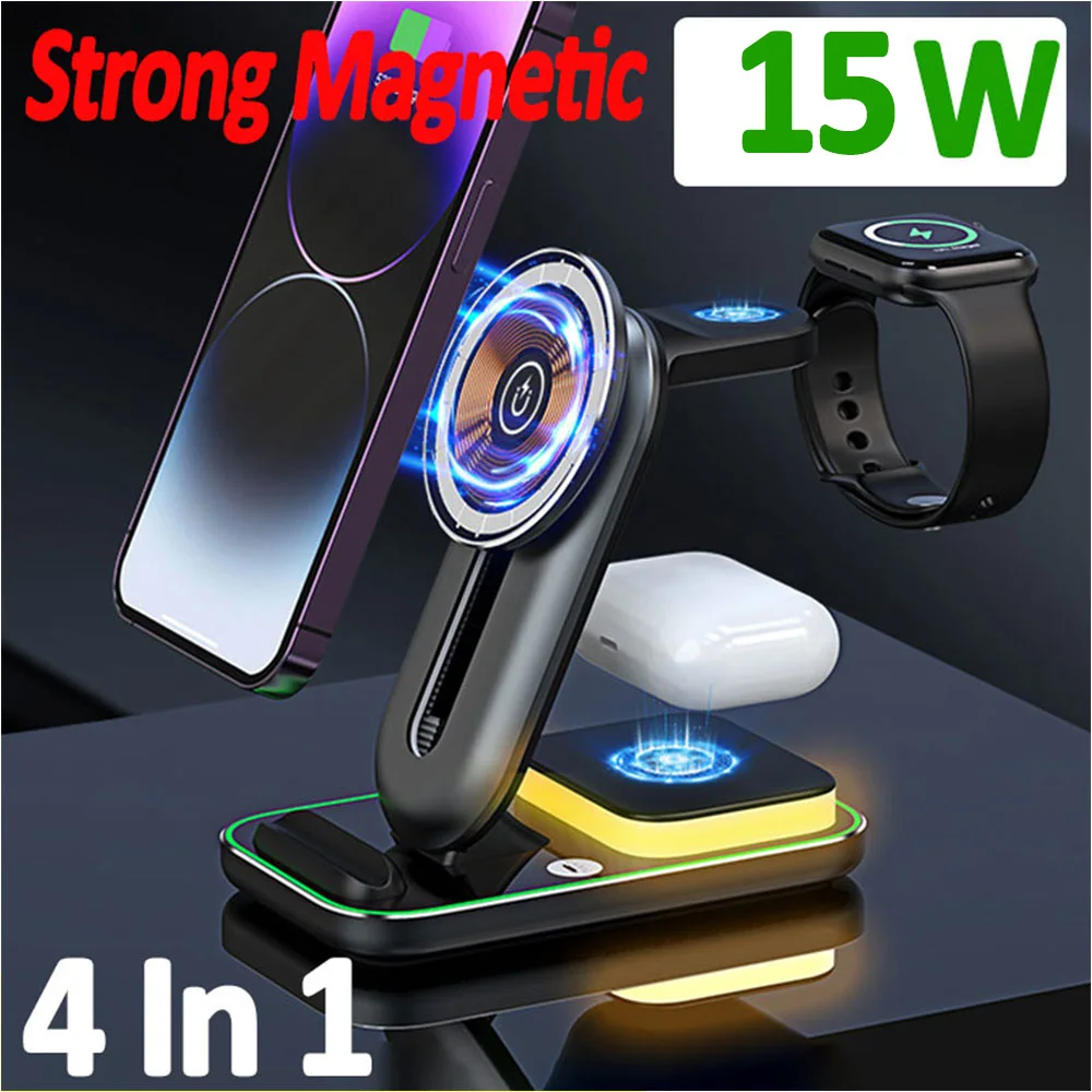 15W 4 in 1 Magnetic Wireless Charger Stand For iPhone 14 13 12 11 Pro Max Apple Watch Airpods Transparent Fast Charging Station