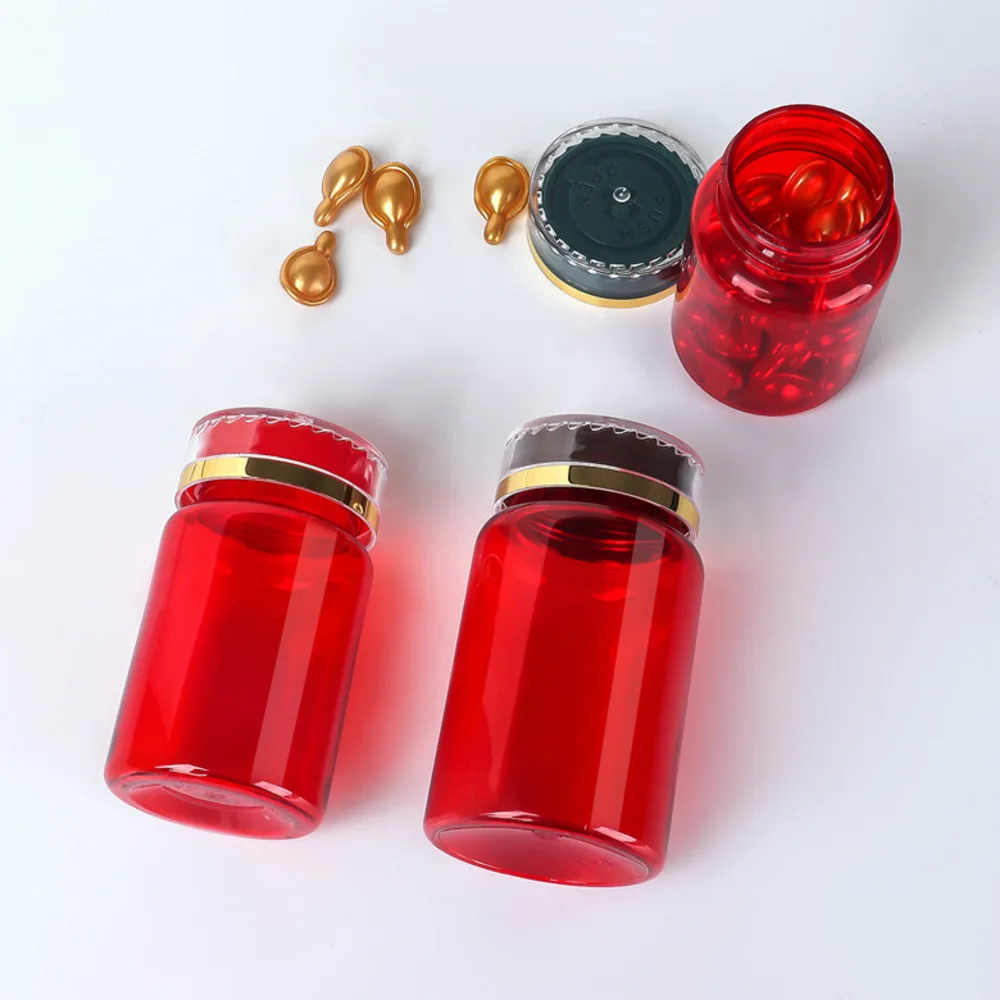 Red Safety Small Medicine Capsule Empty Liquid Bottle Printed Pasted Health Care Plastic Vials Loose Powder Container 10PCS
