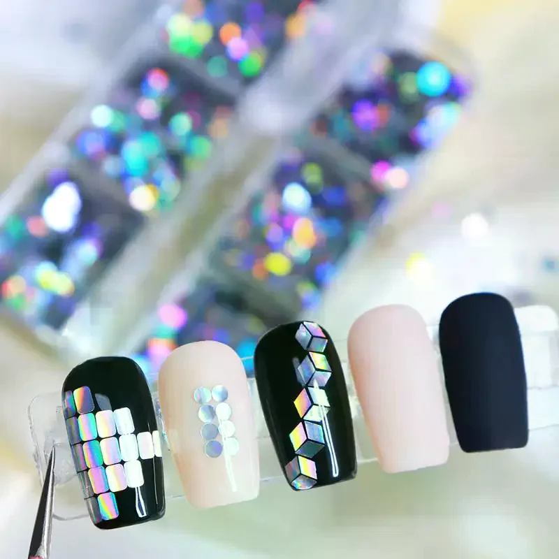 

6 Grids Nail Enhancement Laser Nail Glitter Flash Geometric Patterns Nail Decoration Nail Charm DIY Manicure Tools
