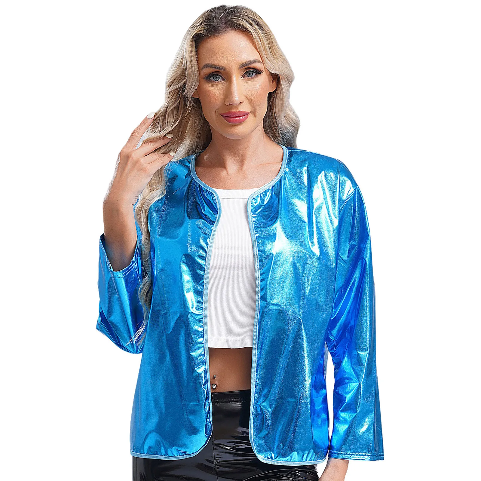 Fashion Womens Metallic Coats Jackets Shiny Clubwear Cardigan Open Front Outerwear Rave Streetwear Music Carnivals Party Costume