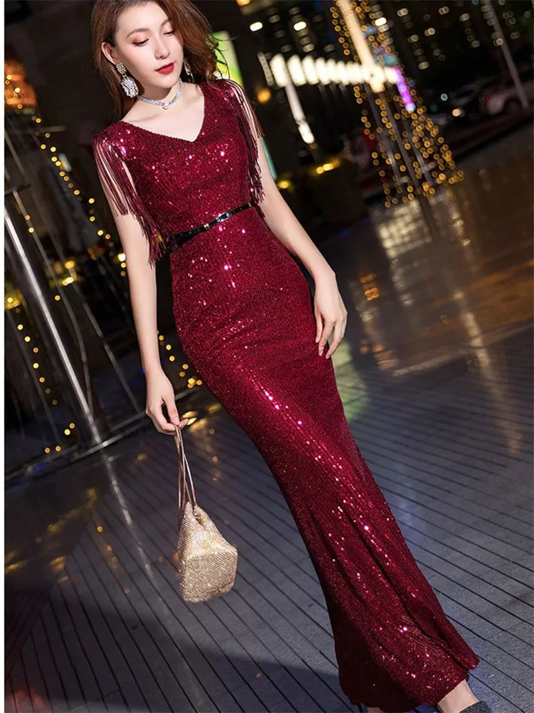 Solid Color Fishtail Skirt Women\'s V-neck Sequined Fringe Sleeveless Slim-fit Dress M325