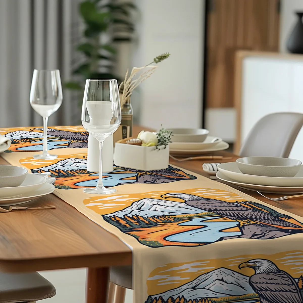 print table runner Eagle Mountain River Landscape Vintage Style Table Flag for Kitchen, Dining Room, Outdoor Garden Parties Poly