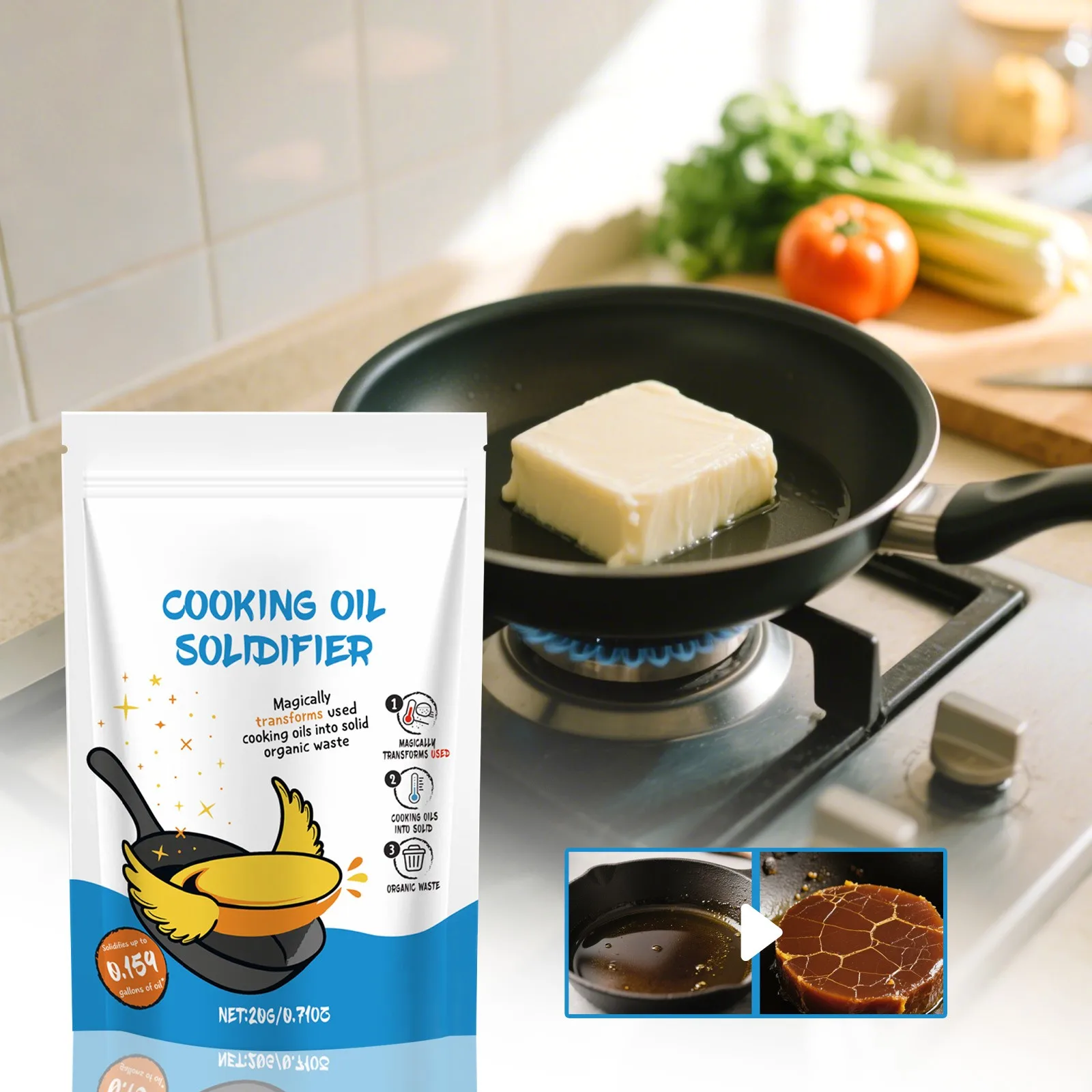 Soldador de aceite de cocina súper batido, solidificador de aceite de cocina, solidificador de aceite residual, aceite residual de cocina, solidifía rápidamente el aceite residual, 20g