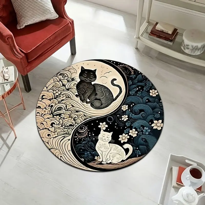 VIKAMA Chinese Style Tai Chi Yin Yang Wave Cat Carpet, French Bedroom Light Luxury Floor Mat, Zen Living Room Rug