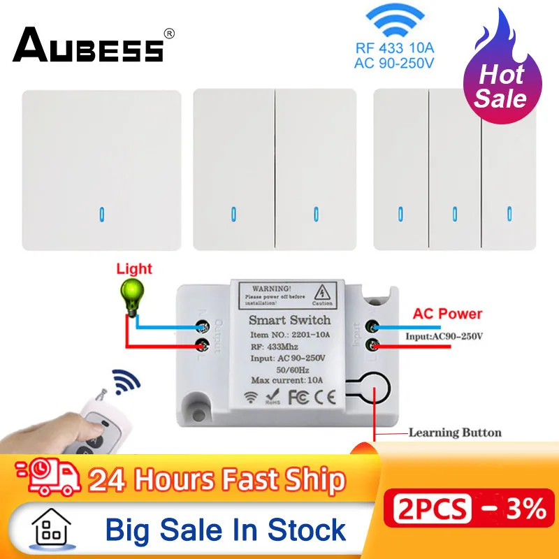 Wireless RF 433Mhz Smart Switch Panel Dinding Switch dengan Remote Control AC90V ~ 250V Mini Relay Receiver Untuk LED Light Lamp Fan