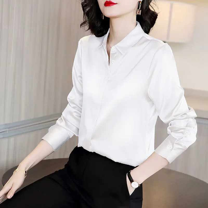 Women High Quality Satin Elegant Formal Shirt Fashion Business Casual Office Lady Basic All Match Blouse Solid Long Sleeve Tops