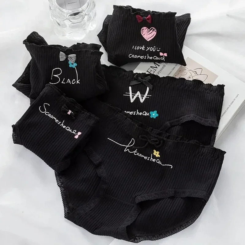 5-Piece Personalized Letter Black Mid Waist Women's Triangle Pants With Cute Bow Decoration Casual Women's Underwear