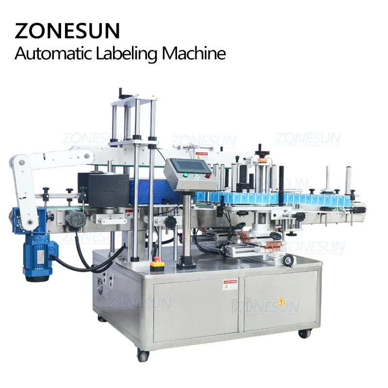 ZONESUN العمودي نوع ZS-TB300A التلقائي مربع ومستدير زجاجة ويسكي مزدوجة الجانبين آلة وضع العلامات تسمية ملصق للإنتاج