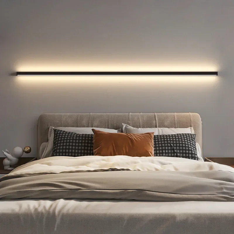 Modern minimalist bedroom, narrow and slender strip wall lamp at the head of the bed, background wall, room lighting decoration