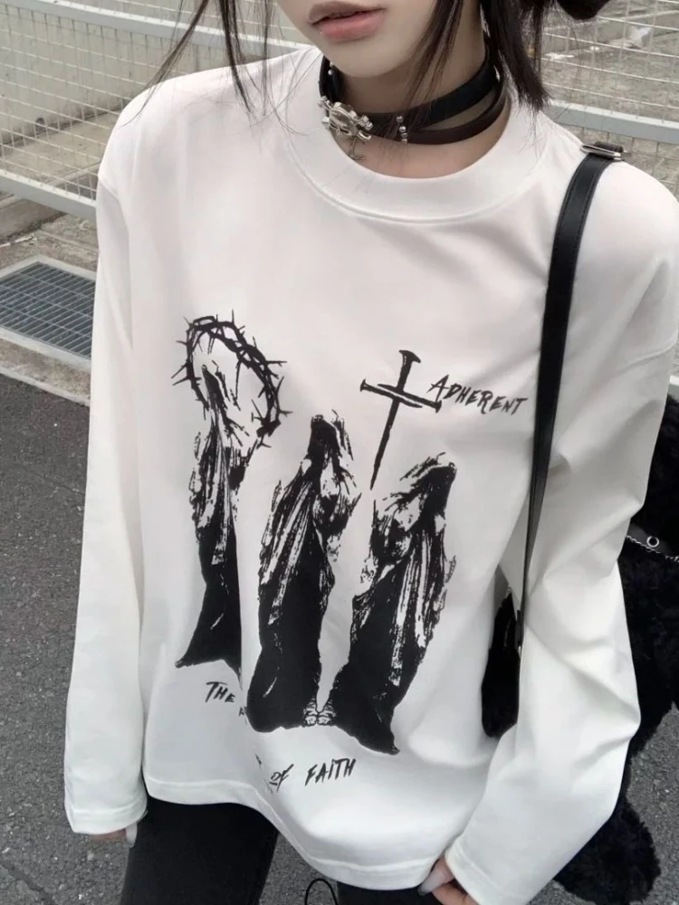 

Vintage Y2k Printed Long Sleeve Women Japanese Subculture Punk O-neck T-shirt Autumn Fashion Gothic Streetwear Loose Clothing