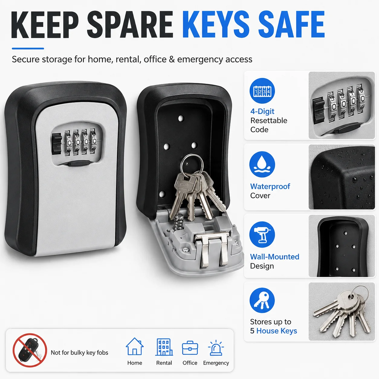 Outdoor Key Lock Box 4-Digit Resettable Combination Wall Mount Key Safe Waterproof Spare Key Storage for Home Rental