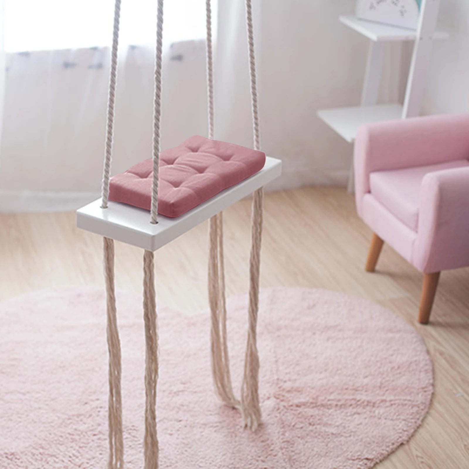 Cómoda columpio de madera con cojín de espuma, 50x18x3,5 cm, cuerda de 5 m, gancho en forma de U: instalación segura y fácil para niños y exteriores