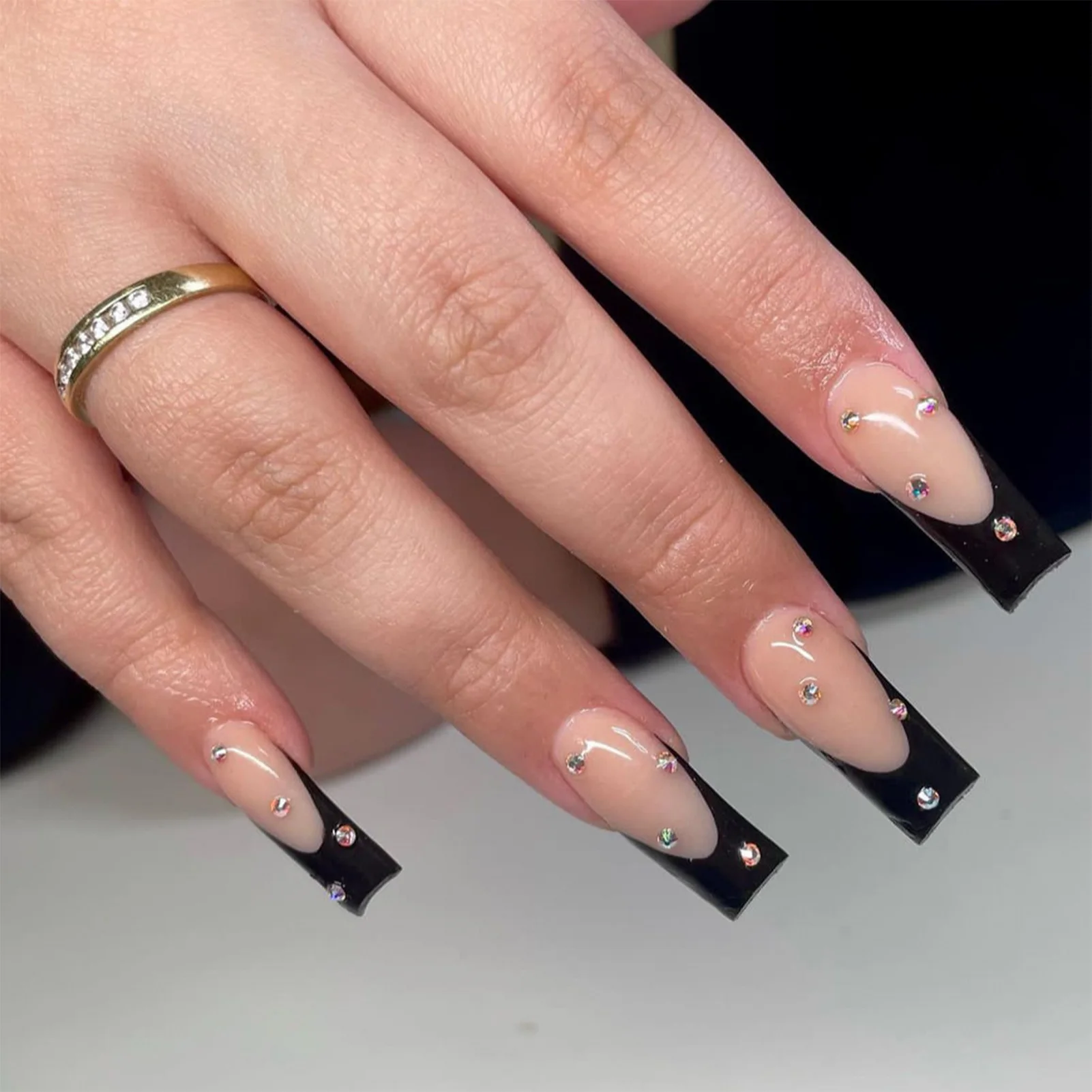 French Style Black Edge Long Square Fake Nails Lightweight and Easy to Stick Fake Nail for Hot Girl Dress Matching