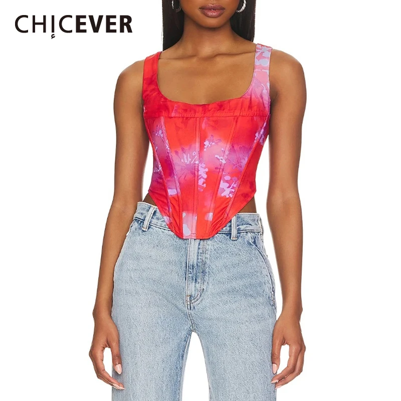 CHICEVER Slimming Hit Color Tank Tops For Women Square Collar Sleeveless Spliced Zipper Sexy Streetwear Vests Female New 2024